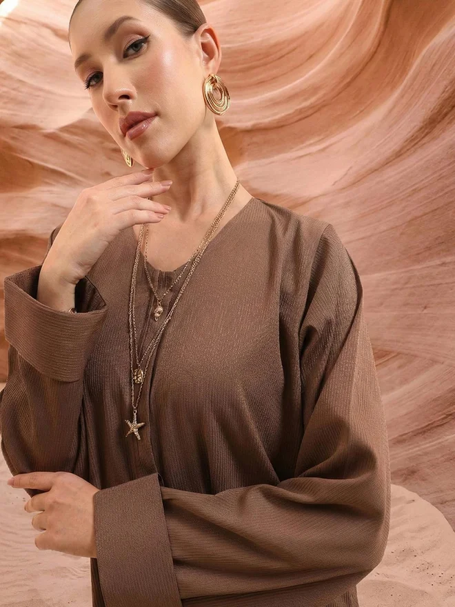 آي شين ISHIN Brown Crinkle Cotton Regular Abaya with Hijab